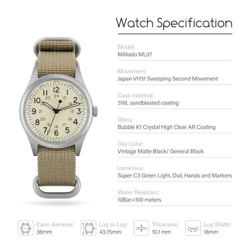 Image of TACTICAL FROG Militado ML07 36mm Field Watch, Japan VH31 Sweep Seconds or 2035 Movt, Men's Military Watch 10 ATM Waterproof Analog Watches for Men and Women Unisex Wristwatch