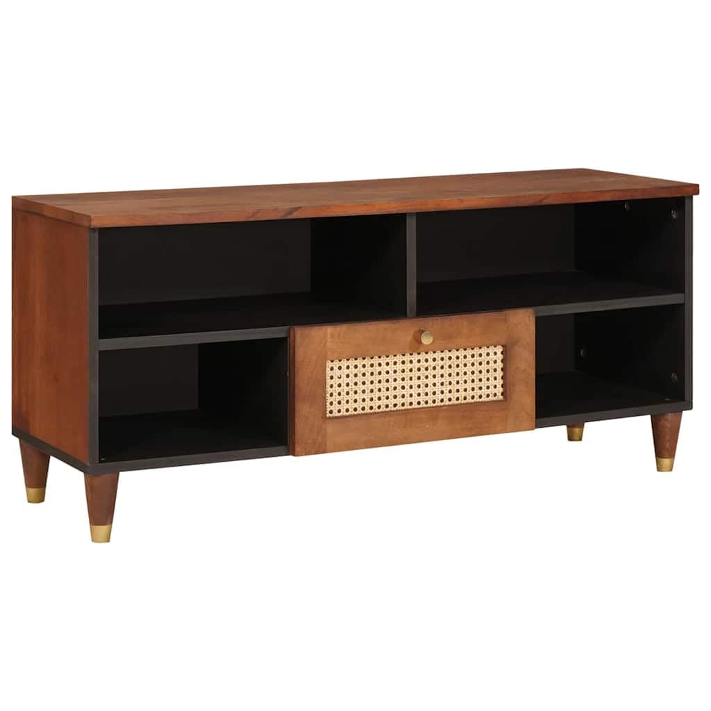 Mobile TV con mensola in legno di mango massiccio, marrone, 100 x 33,5 x 46 cm, con cassetto e vano portaoggetti, per soggiorno, console multimediale e rack HiFi