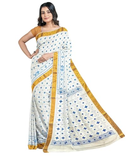 Image of eC ESHA'S COLLECTION Women's Kerala Cotton Floral Motif Printed Zari Bordered Tant Saree Without Blouse Piece