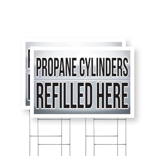 Propane Cylinders Refilled Here Yard Sign 2 Pack of 24 Inch x 36 Inch Single Sided Weatherproof Heavy-Duty Plastic with Stake | Energy Supplies, Outdoor Equipment, Convenient Service | Made in USA
