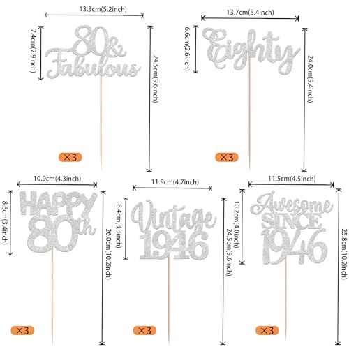 Image of 15 PCS 80th Birthday Centerpiece Sticks Glitter Eighty Happy 80 Vintage 1946 Table Flower Centerpieces Sticks Cheers to 80 Fabulous Floral Decorations for 80th Birthday Party Supplies Silver