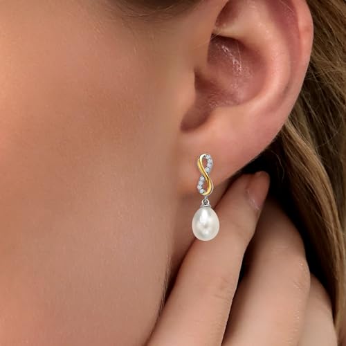 Gem Stone King 7X9MM Cultured Freshwater Pearl and White Lab Grown Diamond Infinity Dangling Earrings for Women | 925 Sterling Silver and 10K Yellow Gold | Fine Jewelry Gifts for Her Mom Women Wife3
