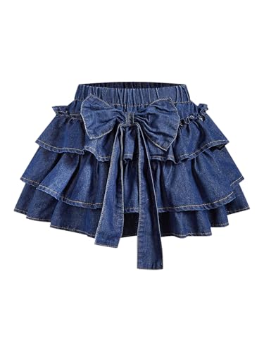 Verdusa Women's Bow Front Ruffle Cute Denim Mini Skirt Coquette Tiered Elastic Waist Jean Skirts