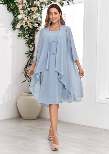 POMUYOO 2 Piece Mother of The Bride Dresses for Wedding Beaded Chiffon Tiered Formal Dress with Jacket4