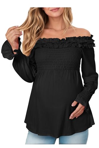 OUGES Women's Maternity Tops Shirts Blouse Off The Shoulder Maternity Clothes Puff Long Sleeve Cotton Blend Stretchy Ruffle Smocked Going Out Elegant Fall Fashion 2025(Black,L)
