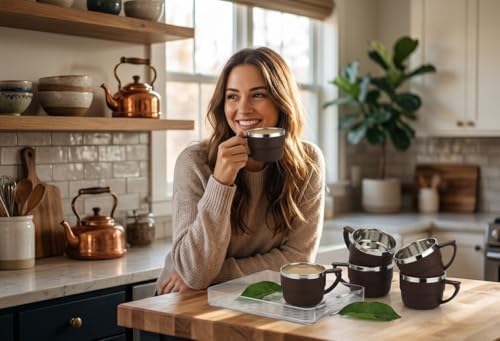 Image of HAPPI Tea Cups Set Coffee Mug Insulated Stainless Steel Inner Stylist Double Wall Cup for Home Office Restaurant Use Tea Mugs Set of 6 (Brown)