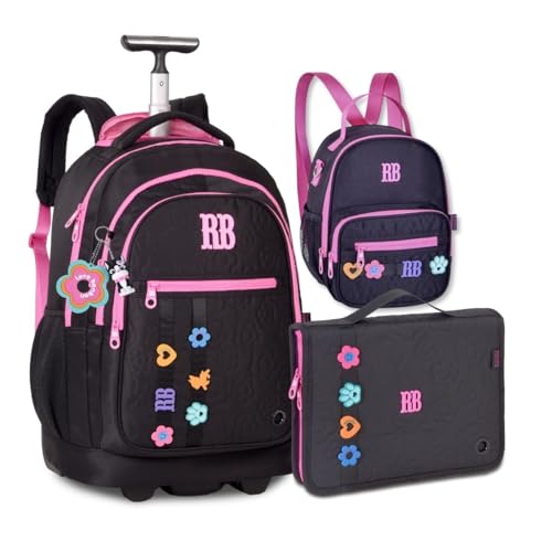 Kit Escolar Mochila Rodinhas com Lancheira e Estojo Fichário (Preto)
