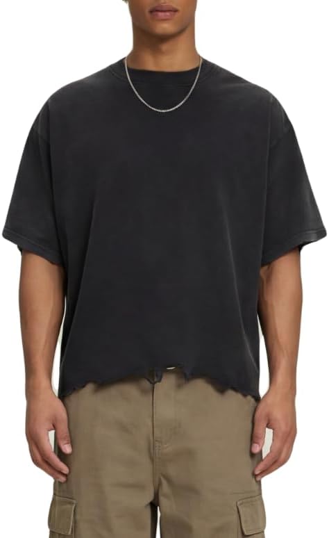 Men’s Boxy Cropped Oversized T Shirt Heavyweight Cotton Vintage Distressed Streetwear Tee