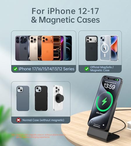 Image of Magnetic Wireless Charger for iPhone 17-12 Series + Aluminum Charger Stand | Mag Charger+20W USB C Adapter, Fast Wireless Charging Stand /Pad with 5ft USB-C Cable for iPhone 17 /16 /15 /14 /13 /12, Airpod Pro