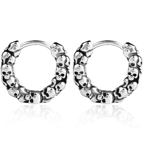 Retro Vintage Stainless Steel Gothic Skull Biker Halloween Cuff Huggie Earrings