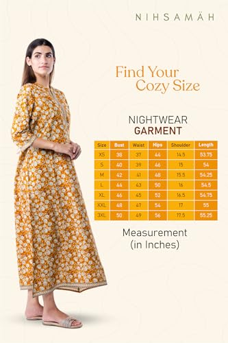 Image of NIHSAMAH Cotton Nighty for Women - XL | Premium Printed Long Cotton Night Gown | Comfortable & Fancy Sleepwear /Nightwear /Maxi Dress (Yellow Colour)