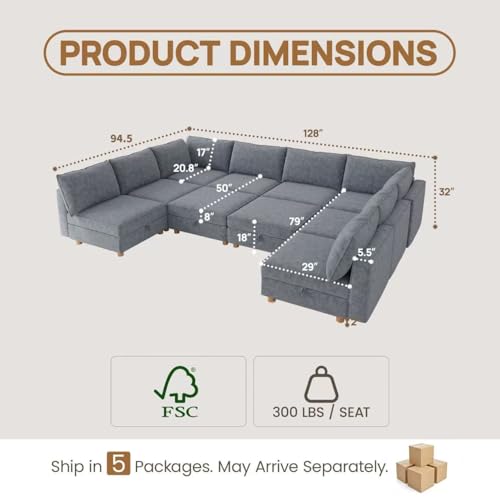Image of 128 inch Modular Sectional Sleeper Sofa Bed with Storage & Washable Covers, 10-Seater Chenille Modular Sofa Bed with Movable Ottoman Chaise, Convertible Sleeper Sectional Couches for Living Room, Gray