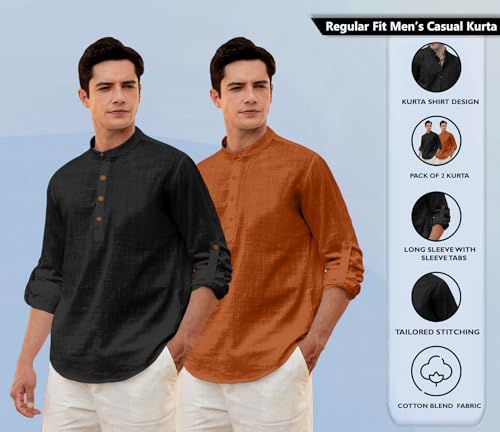 Image of Zombom Men's Combo Cotton Polyester Blend Solid Full Sleeve Straight Regular Fit Mandarin /Chinese Collor Kurta (Pack of 2)