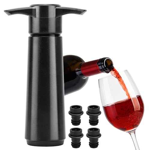 Wine Saver Vacuum Pump with 4 Stoppers, Wine Stopper Vacuum, Wine Preserver for Keep Wine Fresh, Reusable Wine Pump & 4 Wine Bottle Stoppers Set, for Wine Accessories Gift