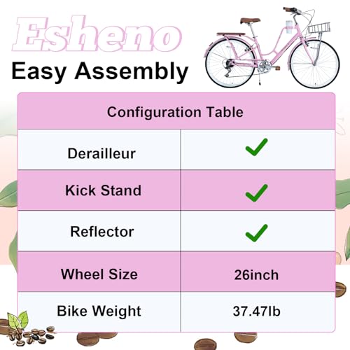 esheno 26 Inch Beach Cruiser Bike for Women, with Coffee Cup Holder (Cup Included),7 Speed Hybrid Bike with Basket & Adjustable Seat, Anti-Skid Tires & V-Brakes City Bike for Women, Multi Colors - Thumbnail 5