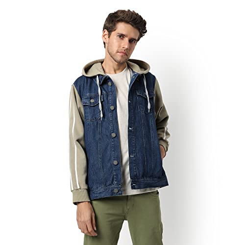 Image of Campus Sutra Men's Medium-Washed Blue & Green Regular Fit Denim Jacket For Winter Wear Hooded Collar Full Sleeve Buttoned Casual, Western Stylish