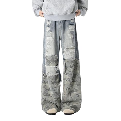 Mens Straight Jeans Mid-Rise Loose Casual Stitching Wide-Leg Raw Edge Fashion Mopping Trousers with Pockets