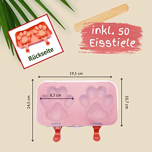 Eisform für Hundeeis aus Silikon, BPA frei, mit 50 GRATIS Holz-Eisstielen, 2 Pfotenformen, leichte Anwendung (2 Pfoten-Eisform, Rot)