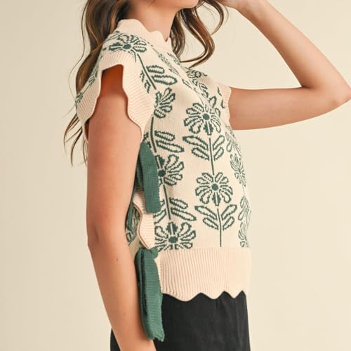 Image of Women Side Tie Sweater Vest Scallop Trim Mock Neck Knit Vest Bow Lace Up Ribbon Sweater Tank Top Knitwear