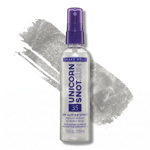 Unicorn Snot Glitter Sunscreen Spritz - SPF 35 Shimmering Lightweight Spray Sunscreen for Face & Body Glow - UVA/UVB Protection - Water Resistant Unscented - Made in USA - Platinum Shimmer