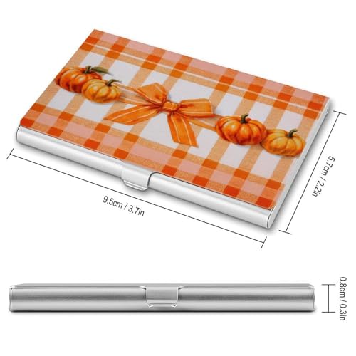 Range White Plaid Pattern Pumpkins Ribbon Bow Business Card Holder, Pocket Slim Portable Metal Business Card Case for Women Men2