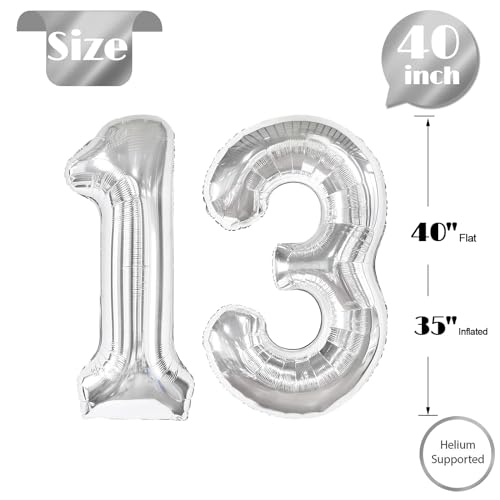 Image of Silver Number 13 Balloon 40 inch, 13 Number Balloons, 13th Silver Birthday Decorations, 13 Year Old Silver Party Supplies
