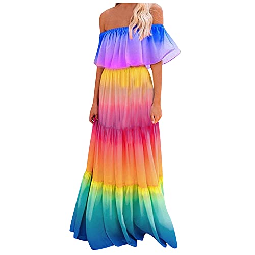 Robe maxi arc-en-ciel à épaules dénudées pour femme pour les vacances d'été