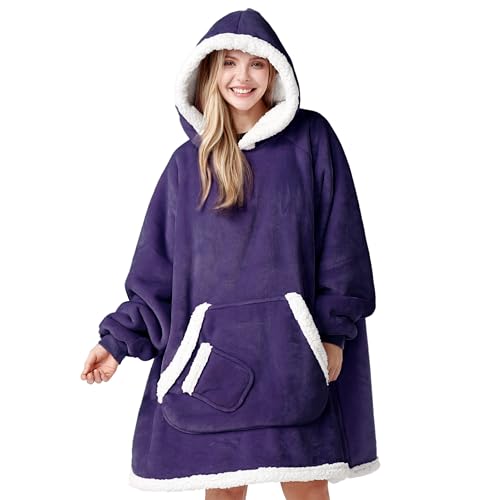Image of Giggling Getup Wearable Blanket Hoodie for Women Men Gifts for Women Mom Wife Sherpa Fleece Hooded Blanket Sweatshirt Warm Cozy Sherpa Wearable Throw with Pocket & Sleeves for Adult Standard Purple