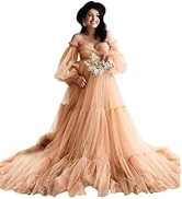 FEBUBETT Tulle Long Maternity Dress for Photoshoot Puffy Sleeve Off Shoulder Babyshower Bridal Pr...