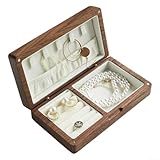 NiuLumea Joyero de madera maciza para almacenamiento de anillos, collares y relojes con forro suave, vitrina vintage en nogal oscuro, 6.5 x 3.75 x 1.77 pulgadas (nogal-blanco)