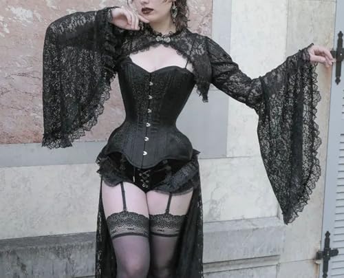 Gothic Crop Top Goth Lace Bolero Black Shrug Cardigan Bell Sleeve Cover Up for Women4