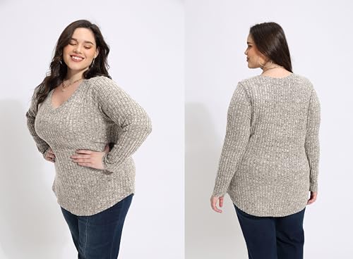 Image of RITERA Plus Size Sweater, Ribbed Long Sleeve Solid Top for Women | Soft vertical ribbed knit, modest V neck, loose long sleeves, curved swing hem, slimming casual layering top for curvy women