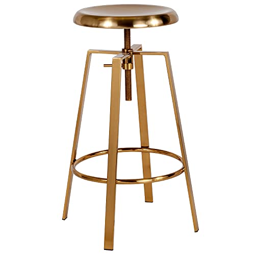 Merrick Lane Serling Industrial Style Bar Stool - Gold Finish - Height Adjustable Swivel Seat - Integrated Footrest
