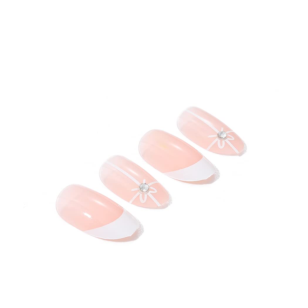 Vatocu Oval Glossy False Nails French Pink Fake Nails Short White Lines Press on Nails Nude Flower Acrylic Stick on Nails for Women and Girls (24pcs) - Image 4
