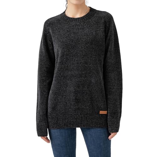 Image of Simple&Opulence Women's Chenille Sweater Crewneck Long Sleeve Pullover Ribbed Cuff Hem Round Neck Jumper Tops