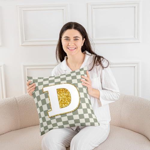 Image of Erosebridal Sage Green Checkered Throw Pillow Covers 16x16 Set of 2 Plaid Initial D Cushion Cover Personalized Monogram Throw Pillow Case for Bed Couch Sofa Fashion Grids Gingham Home Decor