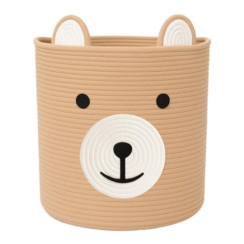 Image of Baby Laundry Basket, Bear Basket, Baby Shower Baskets, Bear Gift Baskets for Kids, Nursery, Toy Storage, Cotton Rope Hamper with Handles (Light Brown, 13 inch D x 15 inch H)