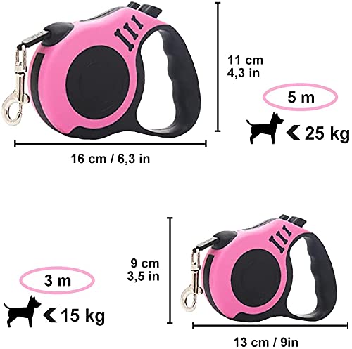 Rollleine für kleine Hunde, Spiraldesign, mit rutschfestem Griff und Bremse, pink, 5 m