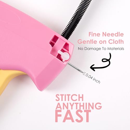Image of Stitch Gun for Clothes - Handheld Stitch Gun Quick Clothing Fixer - Mini Sewing Kit Micro Tagging Gun - Includes 6 Needle, 1000 Black Fasteners & 1000 White Fasteners (Pink-Yellow)