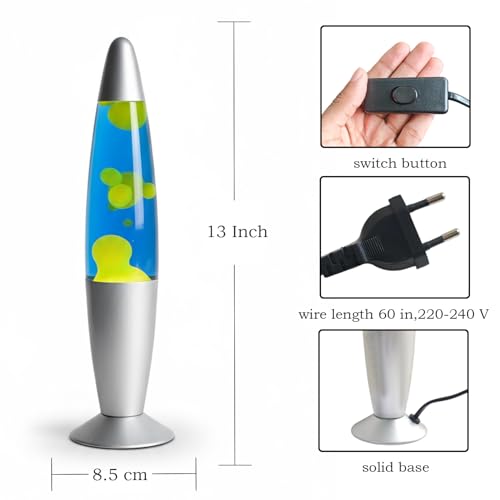 Image of KARP 13 Inch (Rocket Shap) Lava Lamp | Blue Water & Yellow Lava Motion | Metal & Glasss | 220-240V 50Hz | SES R39 E14 20W Bulb Included | Plug-in with ON /Off Switch | Ideal Decor & Gift