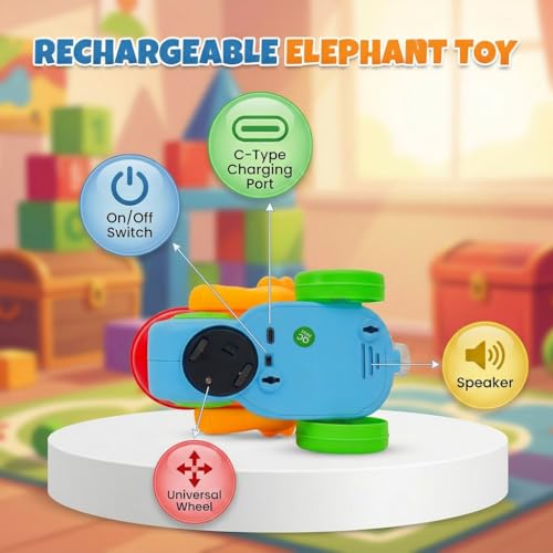 Image of Gooyo USB Rechargeable Drummer & Dancing Cute Elephant Toy for Kids with Smoke Effect, Blowing Ball Fun Feature, Flashing LED Lights & Music, Bump & Go Action, Gift Box Packaging