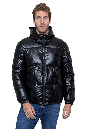 Jaqueta Puffer Shiny com Capuz para Inverno Acolchoada Preta Brilhante (M)