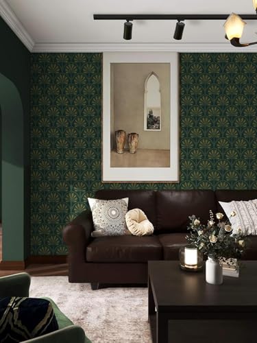 Image of Veki Luxury Floral & Botanical Geometric Wallpaper Mural - Waterproof, Moisture-Proof, Self-Adhesive PVC Wall Sticker for Home & Hotel Decoration (45cm x 300cm) (Green Gold Leaf)