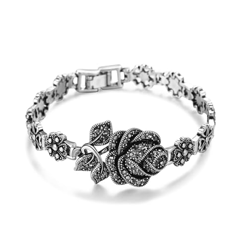 Vintage Charm Bracelet for Women Elegant Black Onyx and Marcasite with Silver Rose Flower Design, Retro Ideal for Women's Jewelry Gifts