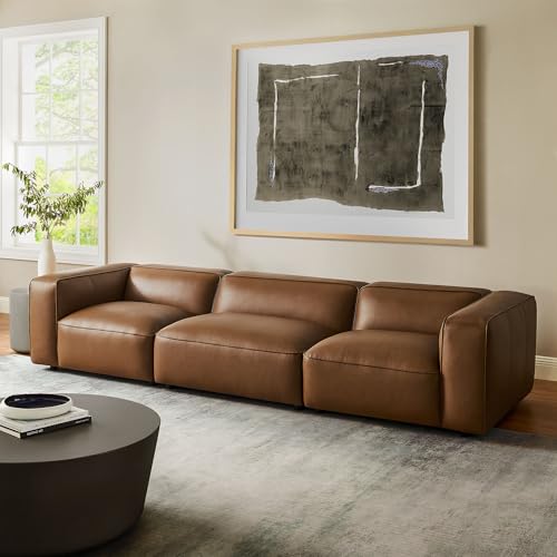 Image of Modway Auren Vegan Leather 3 Piece Modular Sofa in Coffee - Faux Leather 3 Seater Couch - Comfy Mid Century Modern PU Leather Sofa for Living Room, Apartment, Loft