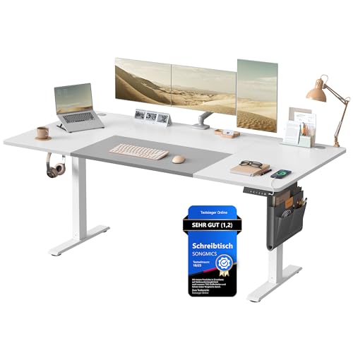 SONGMICS Höhenverstellbarer Schreibtisch elektrisch, 180 x 80 cm, stufenlos verstellbar, Memory-Funktion mit 4 Höhen, USB-C-Anschluss, wolkenweiß-Taubengrau LSD028WZ03