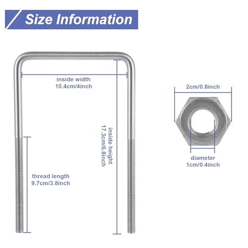 Image of 6 Pack Square U-Bolts 4 inch Inner Width x 6.8 inch Length Stainless Steel U Bolts with Nuts, Frame Plate, Washers for Ski Boat, Fishing Boat or Sailboat Trailer