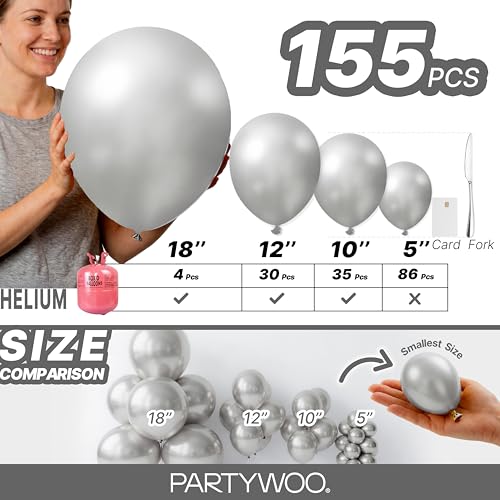 Image of PartyWoo Silver Balloons 155 pcs Different Sizes of 18 12 10 5 Inch Silver Balloon Arch Kit Garland for Birthday Graduation Bachelorette Engagement Bridal Shower Wedding Party Decorations Silver-G102
