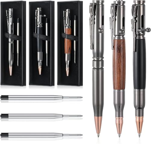Crefrscra Bolt Action Pen Wood Ballpoint Solid Brass Pens Bullet Shaped Metal Pen and 1 Piece Pen Refills with 1 Present Box for Father's Day, Valentine, Birthday, Black Ink (MULTICOLOR)