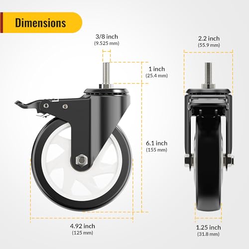 Image of HOLKIE Caster Wheels 5 inch Total Locking Stem Casters, 3 /8 inch -16 x 1 (Stem Diameter 3 /8 inch, Stem Length 1 inch) Threaded Stem Casters Swivel Casters Set of 4 Heavy Duty Castors Black